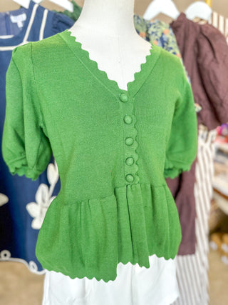 Pine Noelle Scallop Trim Peplum Knit Top