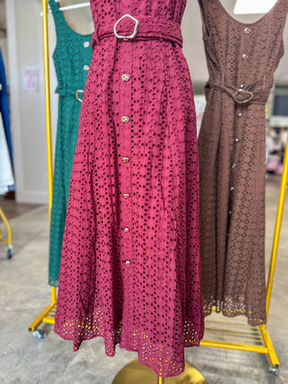 Burgundy Charlotte Eyelet Belted Maxi Dress