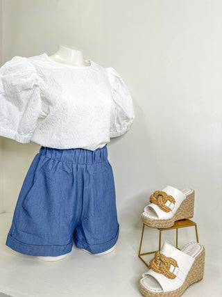 Denim Blue High-Waisted Ruffle Elastic Shorts