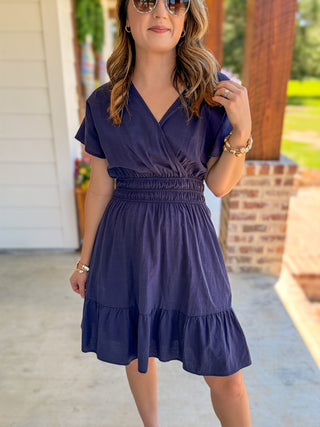 Navy Soft Structure Smocked V-Neck Mini Dress