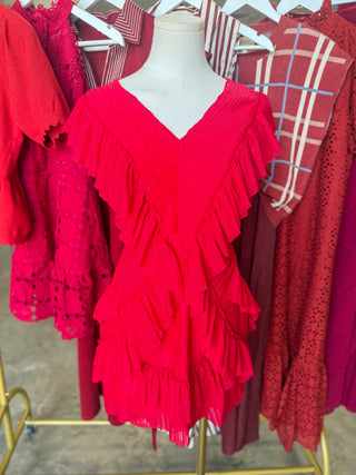 Red Serenade Ruffle V-Neck Cutout Mini Dress