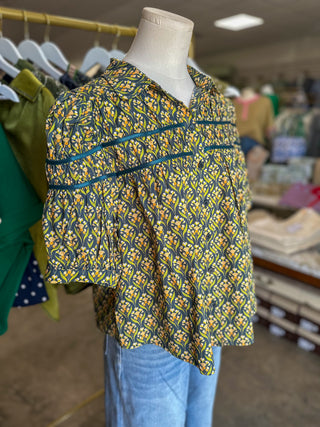 Teal Green Botanical Charm Pleated Detail Short Sleeve Blouse