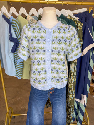 Blue Cashmere Soft Blossom Button Down Cardigan