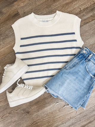 Sweetest Sass Off White/ Dusty Blue Sleeveless Striped Sweater Top