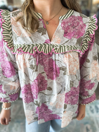Blush Bloom Ruffle Trim Top