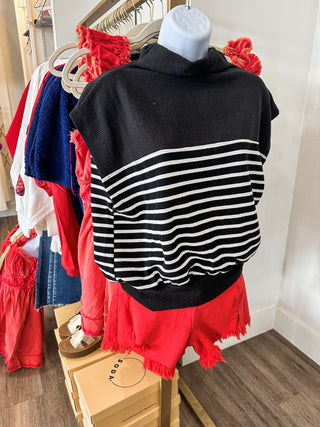 Black Stripe Mock Neck Basic Blouse