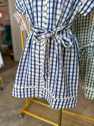 Navy Honeyfield Gingham Scallop Trim Belted Mini Dress