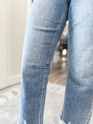 Nellie Medium Wash High Rise Crop Straight Distressed Hem Jeans- Risen