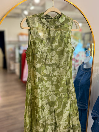 Green Painted Garden Mock Neck Maxi Dress
