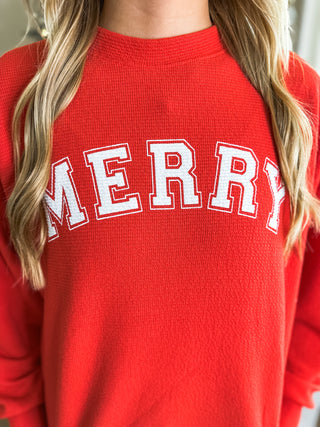 Red Merry Stencil Cloudy Knit Long Sleeve Graphic Pullover