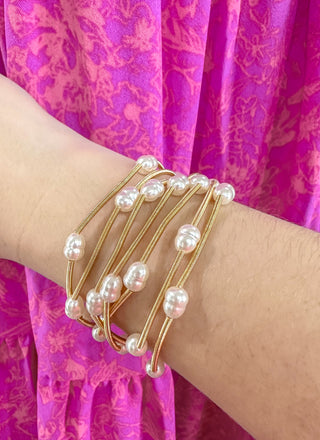 Golden Pearl Cascade Bangle Wire Bracelet Set