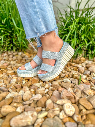 Blue Weaved Raffia Cute & Cushioned Summer Wedges