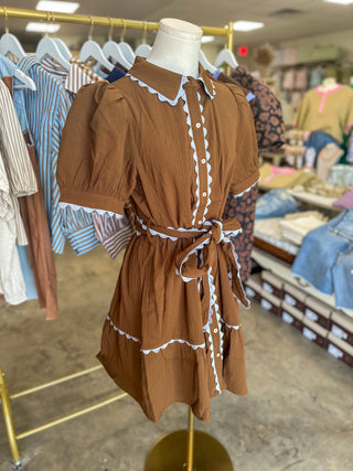 Brown Autumn Picnic Ric Rac Trim Belted Mini Dress