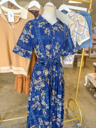 Charming In Blue Floral Tie Waist Midi Dress