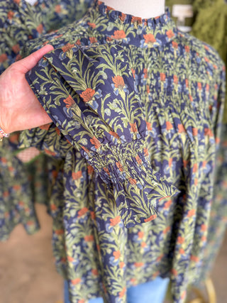 Navy Hidden Blooms Smocked Blouse