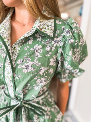Olive Bloomline Button-Down & Bow Belt Midi Dress
