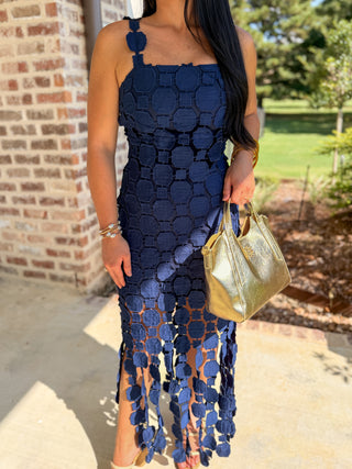 Navy Hyacinth Lace Fringe Midi Dress