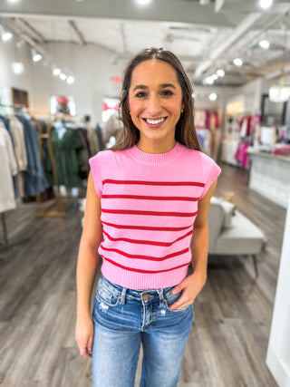 Sweetest Sass Pink/Red Sleeveless Striped Sweater Top