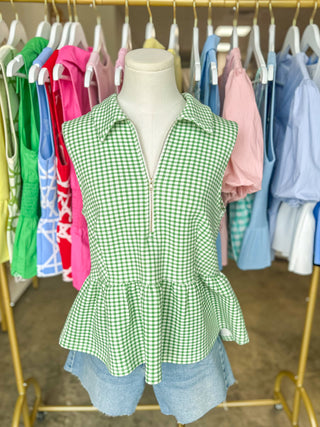 Green Weekend Favorite Gingham Half Zip Peplum Top