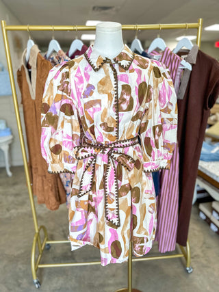 Cream & Orchid Watercolor Wander Belted Mini Dress