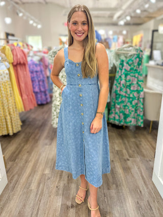 Floral Denim Jacquard Sweetheart Midi Dress Small