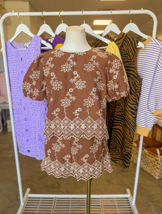 Brown Vintage Bloom Embroidered Shorts Set