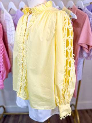 Yellow Lovely Lace Button Down Top