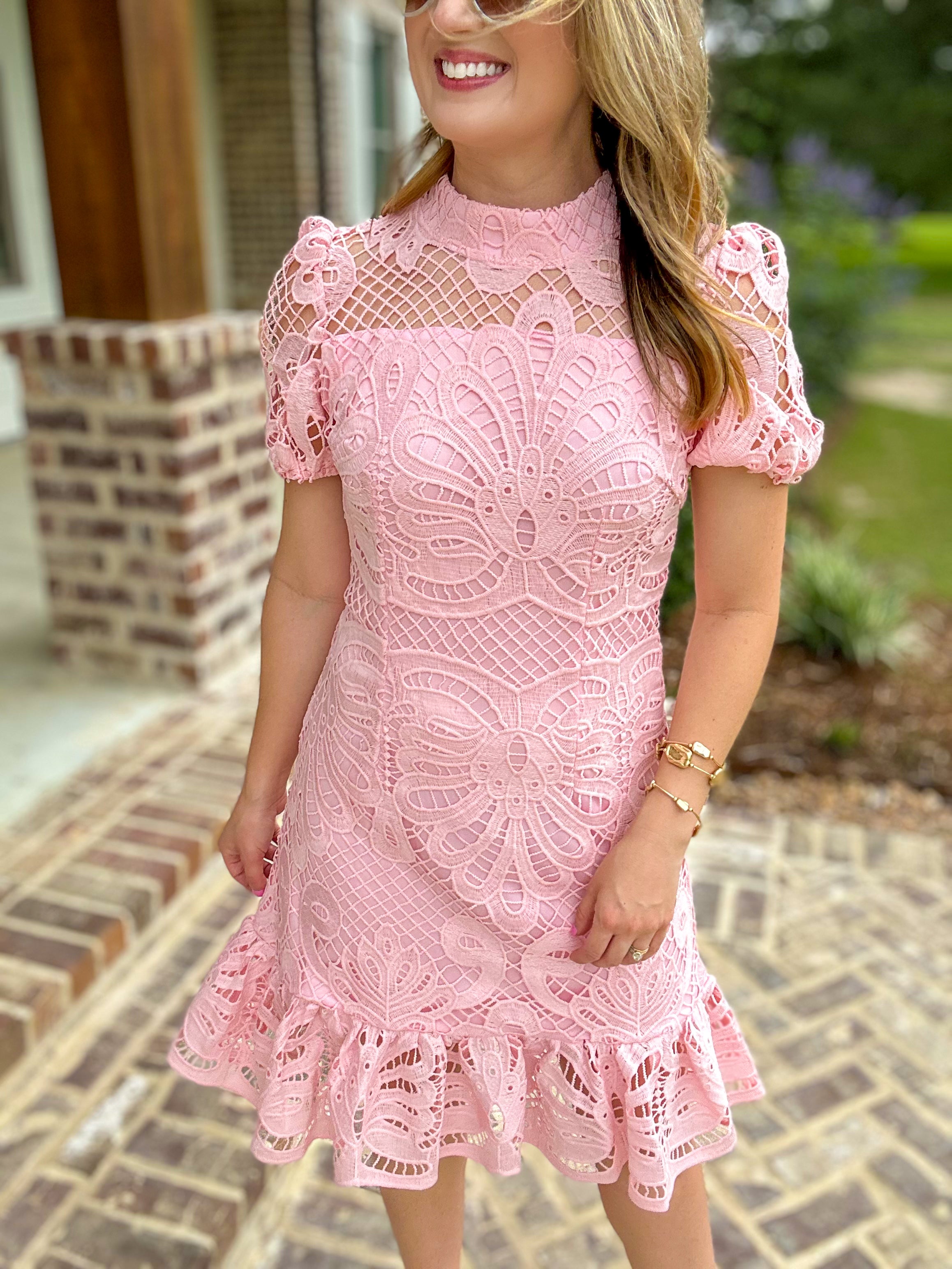 Pink Timeless Lace Short Sleeve Mini Dress Medium Pink Timeless Lace Short Sleeve Mini Dress Medium