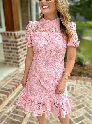 Pink Timeless Lace Short Sleeve Mini Dress