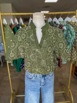 Olive Better To Be Embroidered Smocked Detail Top
