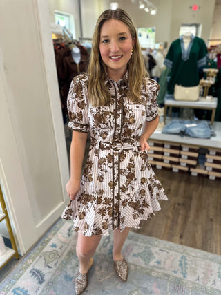 Brown Stripes & Stems Buttoned & Belted Mini Dress