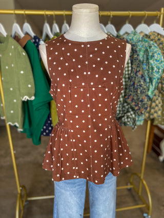 Brown Prescott Polka Dot Peplum Top