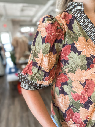 Botanical Mosaic Puff Sleeve Top