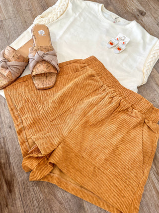 Caramel Corduroy Craze Elastic Waist Band Shorts