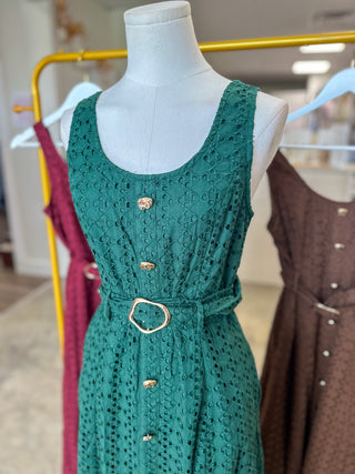 Hunter Green Charlotte Eyelet Belted Maxi Dress