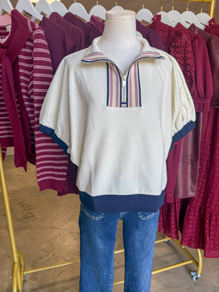 Cream & Navy Clubhouse Quarter Zip Mock Neck Top