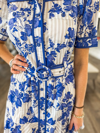 Deep Blue Stripes & Stems Buttoned & Belted Mini Dress