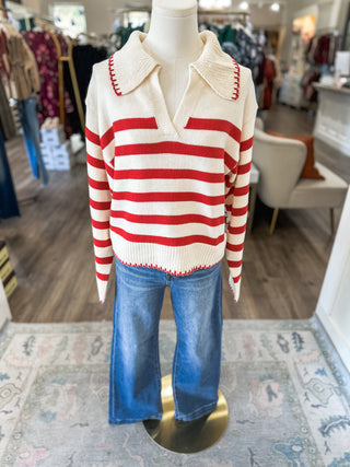 Red Varsity Striped Collared Long Sleeve Sweater