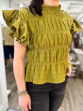 Olive Flirting in Style Flutter Sleeve Blouse