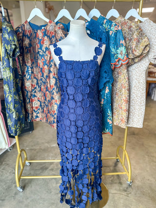 Navy Hyacinth Lace Fringe Midi Dress