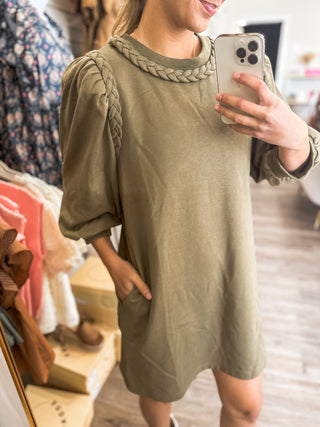 Olive Braided Sophistication 3/4 Sleeve Dress