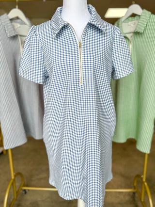 Blue Go-To Gingham Half Zip Mini Dress
