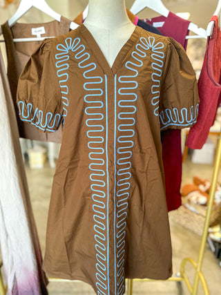 Brown/Blue Curved Stitch Mini Dress