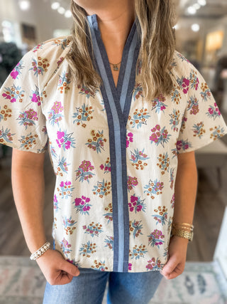 Meadow Bloom Chambray Trim Top