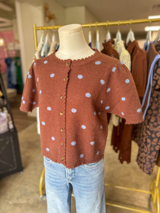 Cocoa & Baby Blue Polka Dot Scalloped Trim Sweater