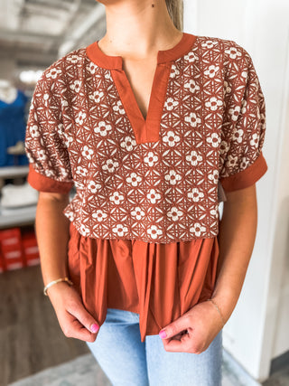 Rusted Rose Embroidered Peplum Top