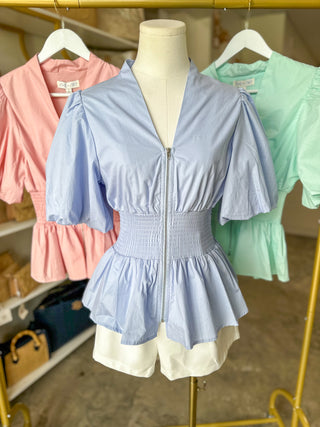 The Pretty in Periwinkle Smocked Peplum Top