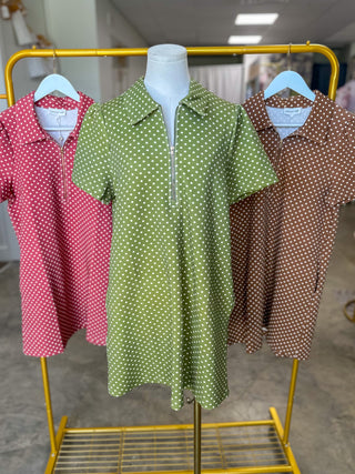 Martini Olive Go-To Polka Dot Half Zip Mini Dress
