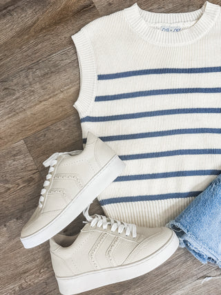 Sweetest Sass Off White/ Dusty Blue Sleeveless Striped Sweater Top