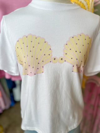 White W/ Pink & Yellow Bedazzled Seashell Bikini Cropped Tee